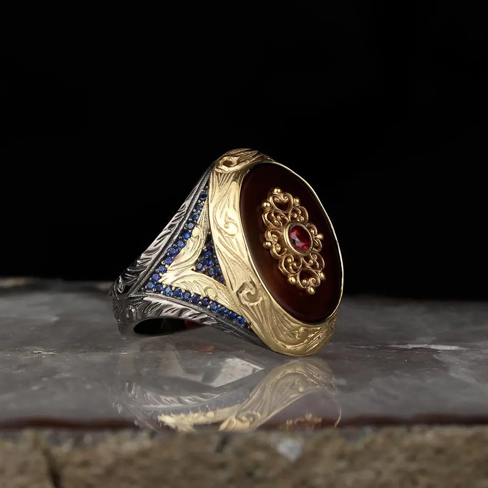 New Arrival 925 Sterling Silver Ottoman Style Men's Ring with Rhodium and Gold Bi-color Finish Model RCEGYT-098 Made in Turkey