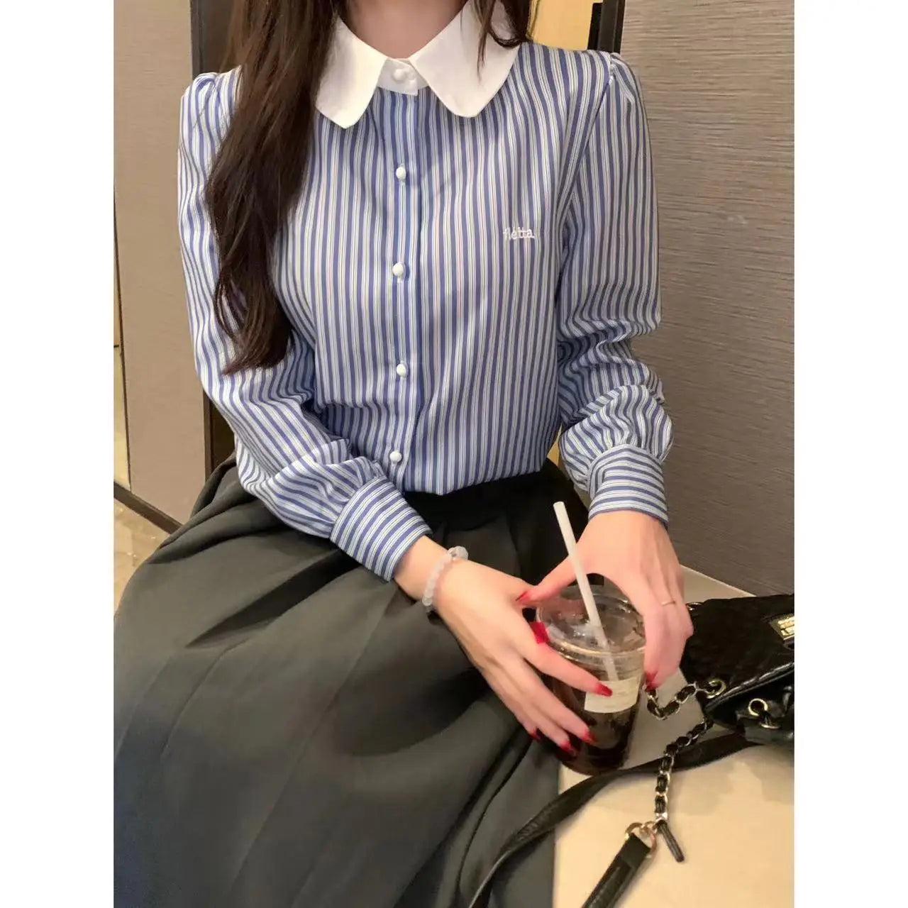 2025 New Style Women's Blue-White Striped Long-Sleeve Shirt - Elegant & Versatile Fashionable Korean-Style Color-Block Blouse