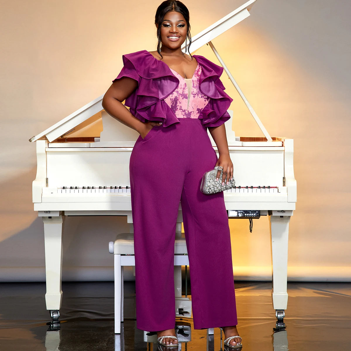 Deep V Neck Short Ruffle Sleeves Bust Print Plus Size Women Jumpsuit