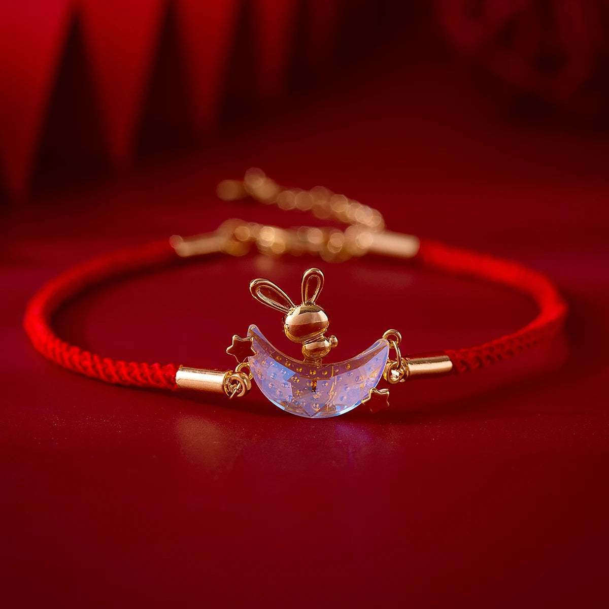Chinese Traditional Style Red String Gold Plated Cute Rabbit on Resin Moon Charm Bracelet Showing Good Fortune Wishes for Gift