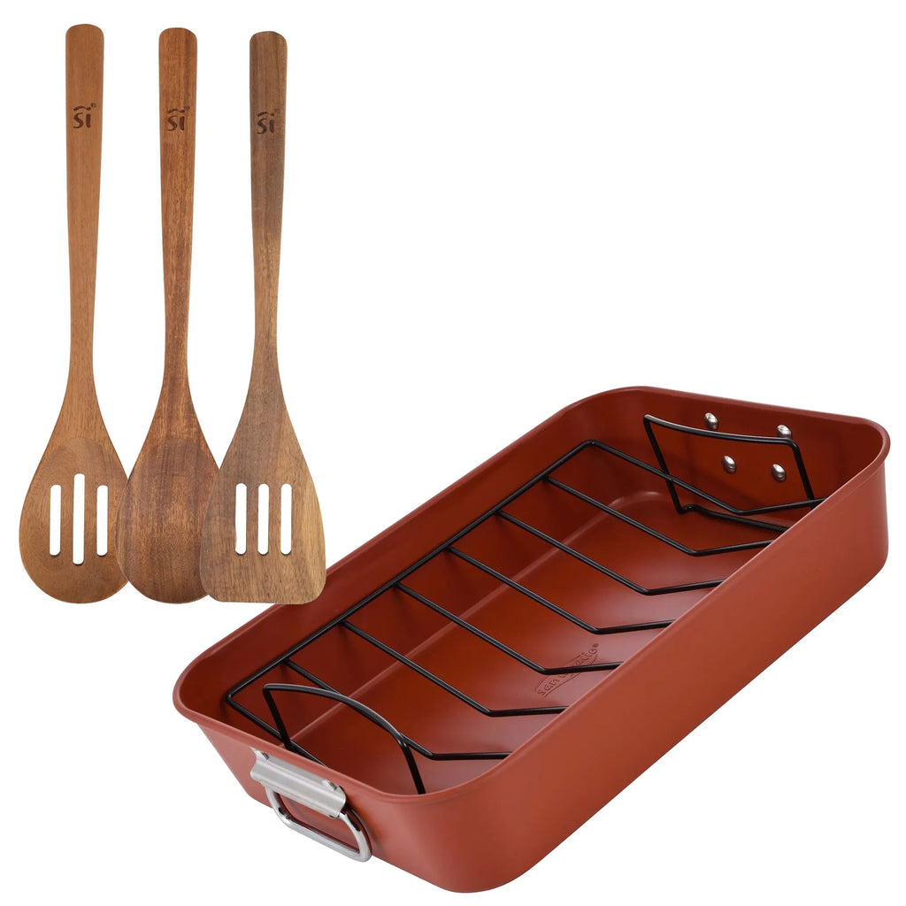Set of 3 wooden kitchen utensils + 40x28cm steel roasting tray AGROS San Ignacio