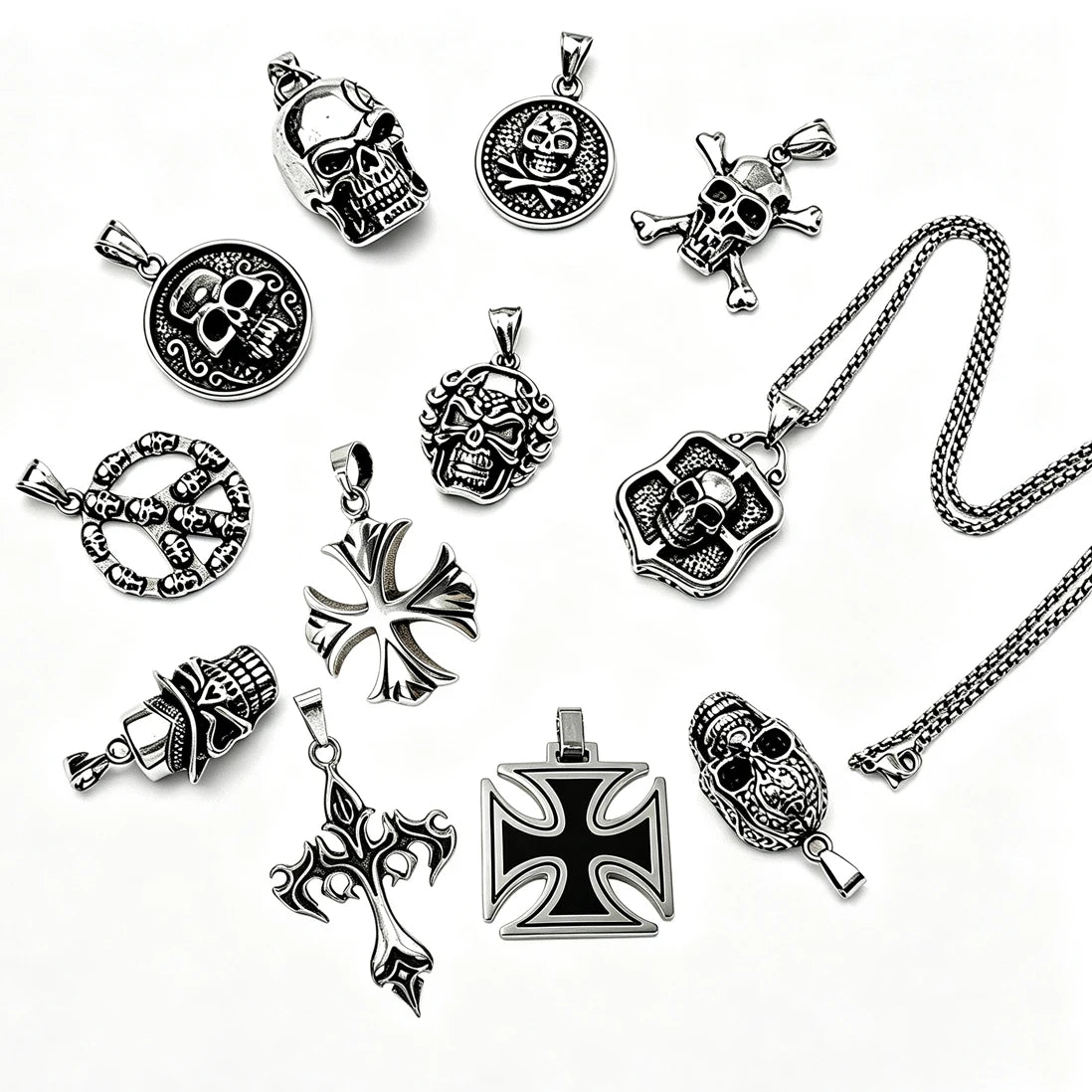 Vintage Stainless Steel Necklace Men Skull Cross Feather Pendant Waterproof Tarnish-Free Cool Punk Jewelry Sweater Chain MegaBDM