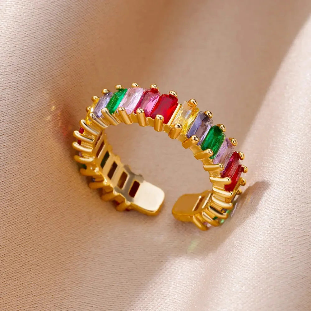 Fenyi Wholesale  Women Eternity Opening Adjustable New Fashion 18k Gold-plated Colorful Zircon Stainless Steel Wedding Ring