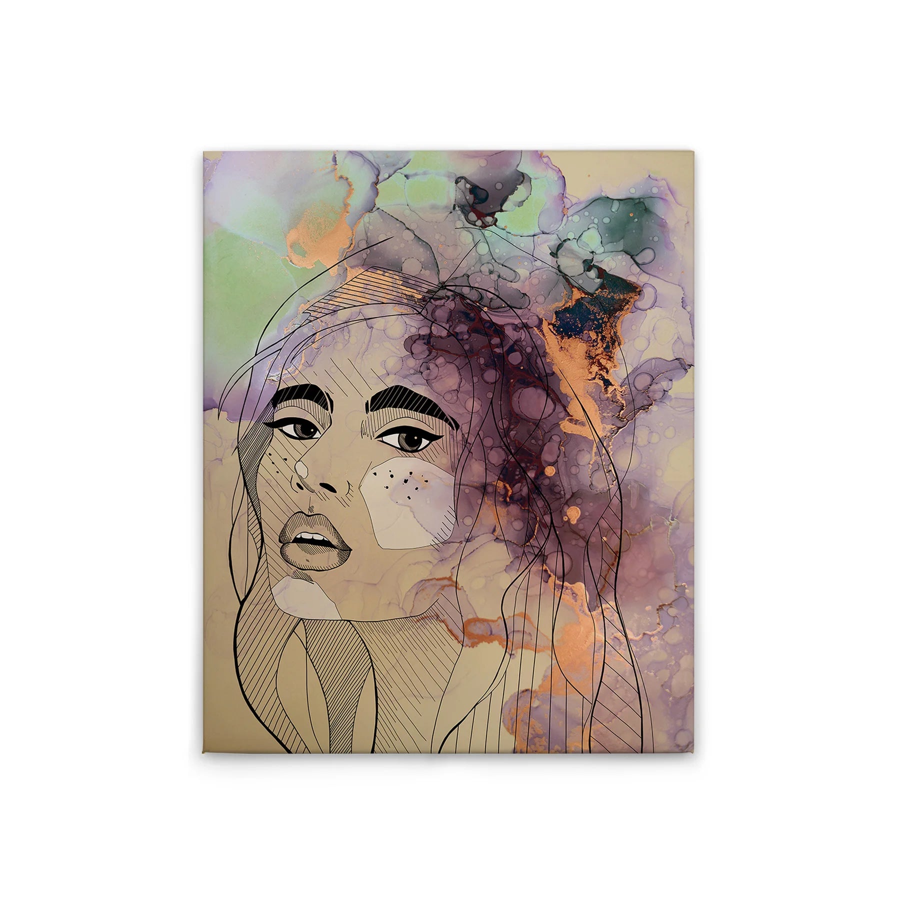 Made In Germany - Home Decor Canvas Picture Watercolour Woman - Wall Painting Mural In Colourful And Cream - Stretcher Frame Art