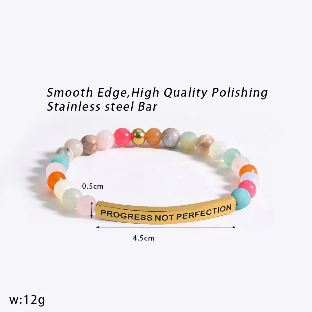 Personalized Stainless Steel Beaded Bracelet Stretch Gemstone Bangle Inspirational Engraved Words Fashionable Bracelet