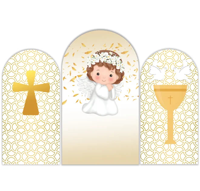 Gold Cross Baptism Arch Backdrop Cover Elastic Spandex Arch Fabric for Girls Baby Shower Birthday Wedding Party Decoration