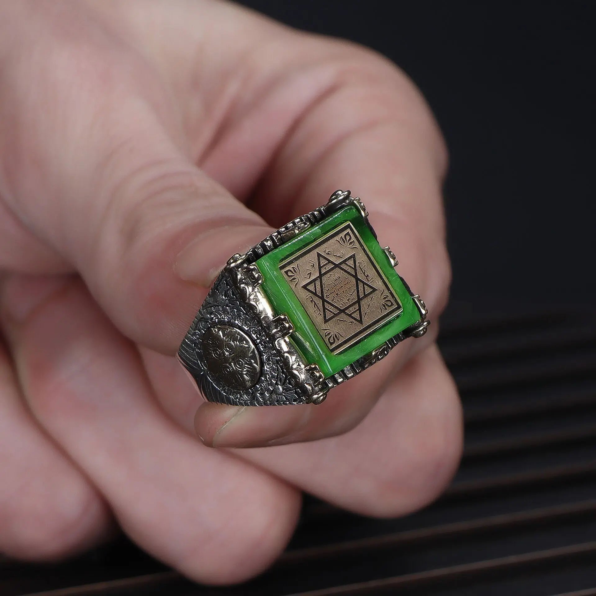 Azuris Custom Logo 925 Sterling Silver Ottoman Style Men's Ring Naturel Black Stone Handmade in Turkey VALKH1584
