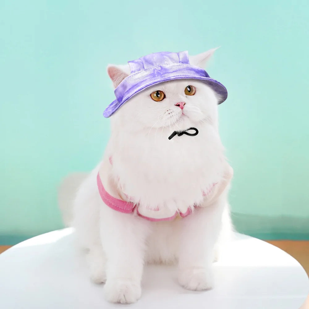 Adjustable Pet Fisherman's Sun Hat with Open Ears for Cats Polyester Material Print Design Winter Summer Use Hair Accessories