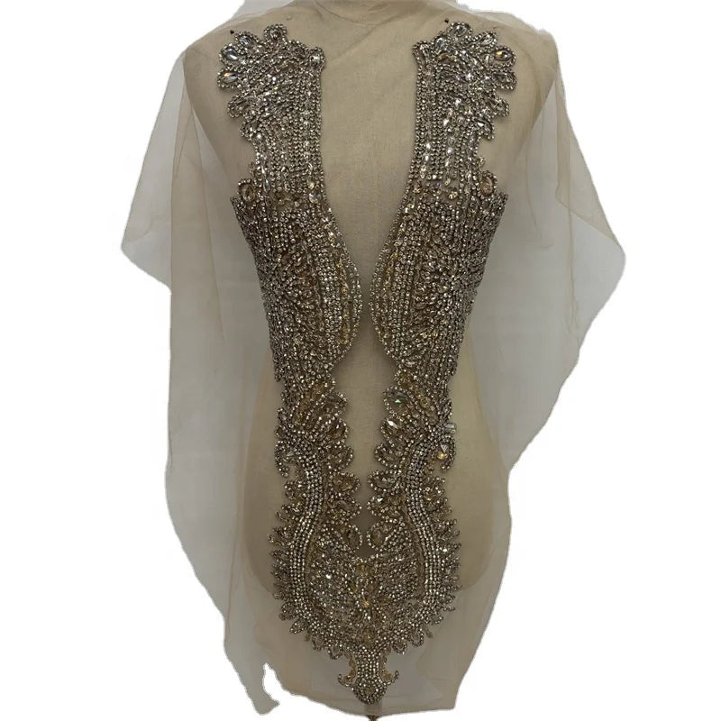 Gold Hotsale Fashion Embroidered Beaded Applique Rhinestone Applique for Panel Dress