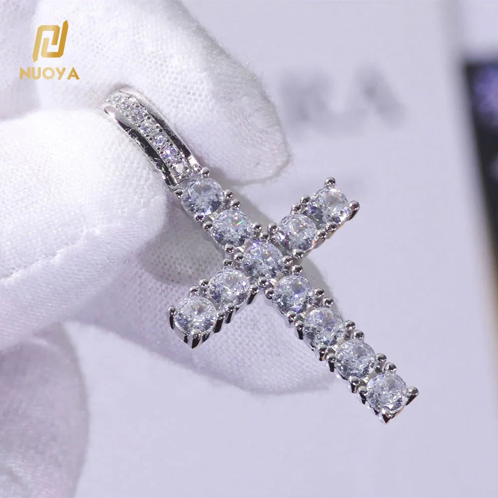 NUOYA 925 Sterling Silver Jesus Cross Pendant Iced Out VVS Moissanite Christian Jewelry White Gold Plated Pendant Gift for Women