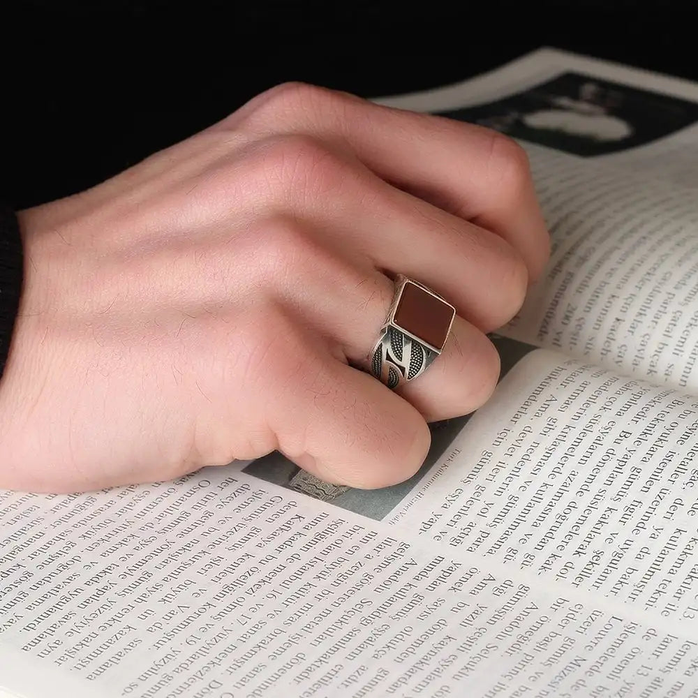 Azuris Turkish 925 Sterling Silver Men's Ottoman Style Ring with Natural Agate Stone Fine VALKH1222