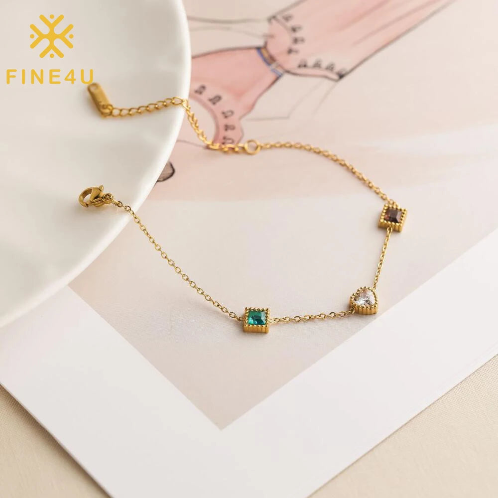 Minimalist Stainless Steel Heart Square Cubic Zircon Stone Bracelet Gold PVD Bracelet Christmas Gift for Women Daily Jewelry