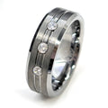 8mm Classic Style Black Zirconium Double Groove Tungsten Ring for Men Wedding Band with Silver CZ Diamond Stones Inlaid