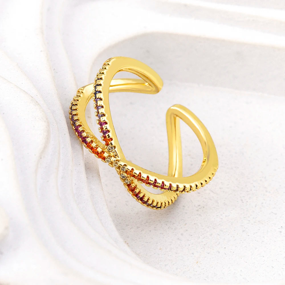 QIKU Wholesale Stylish Cross X Shape Rainbow Ring Colorful Crystal Opening Adjustable Jewelry Wedding Engagement Accessories