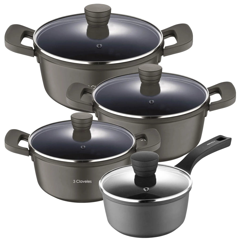Set of 3 saucepans with lids 20cm(2.5L)24cm(4.5L)28cm(6.7L) + saucepan 16cm(1.3L) in non-stick cast aluminum 3Claveles