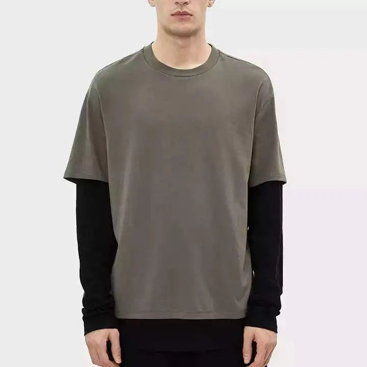 Men's Cotton Double-Layer Long Sleeve T-Shirt Comfortable Knitted Fabric Oversized Fit Design