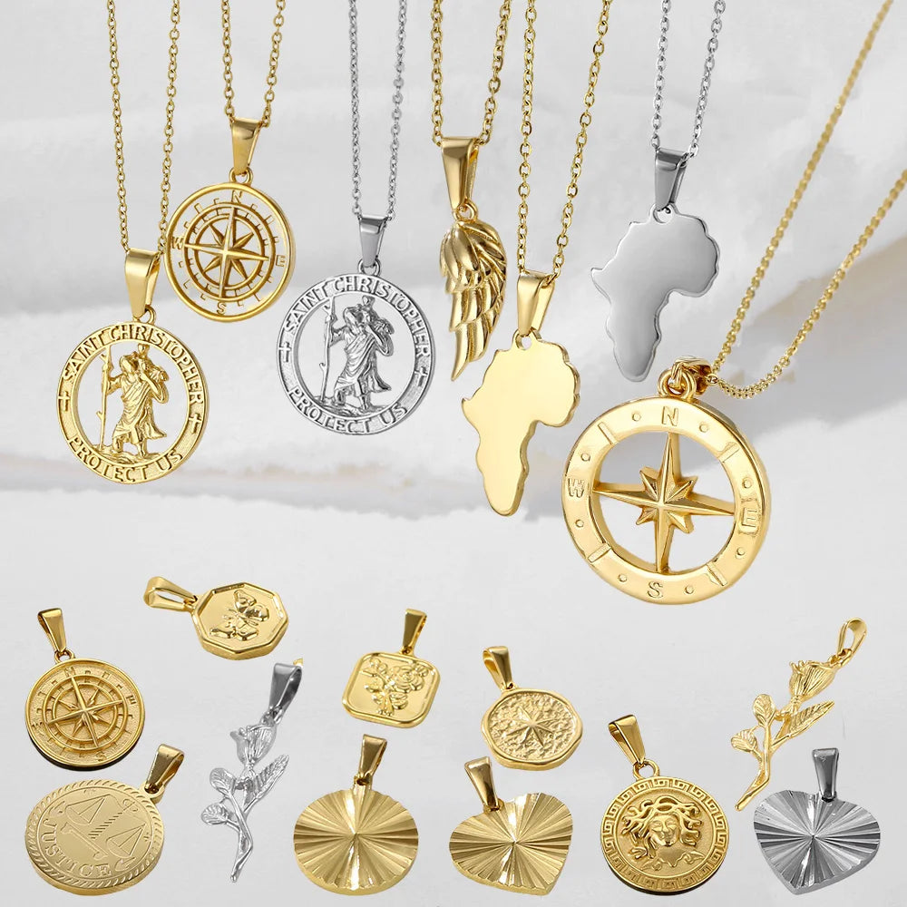 Olivia Popular Africa Map Pendant 18K Gold Plated St Christopher Compass Charm Wing Heart Pendant Fashion Rose Flower Necklace