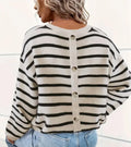 New Casual Striped Loose Cashmere Knit Women's Pullover Sweater Batwing Sleeves Crew Neck Fashionable Faux Button Detail Winter