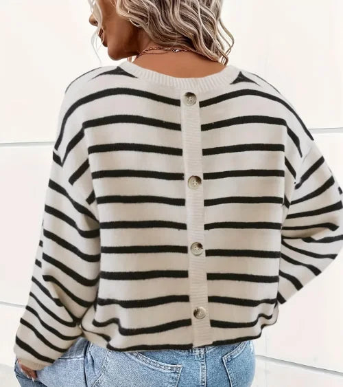 New Casual Striped Loose Cashmere Knit Women's Pullover Sweater Batwing Sleeves Crew Neck Fashionable Faux Button Detail Winter