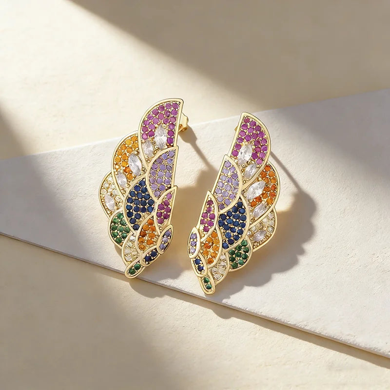 QIKU Luxury Rainbow Rhinestone Wings Zircon Fashion Stud Earrings Women Charm Romantic Bridal Wedding Jewelry Accessories Gift
