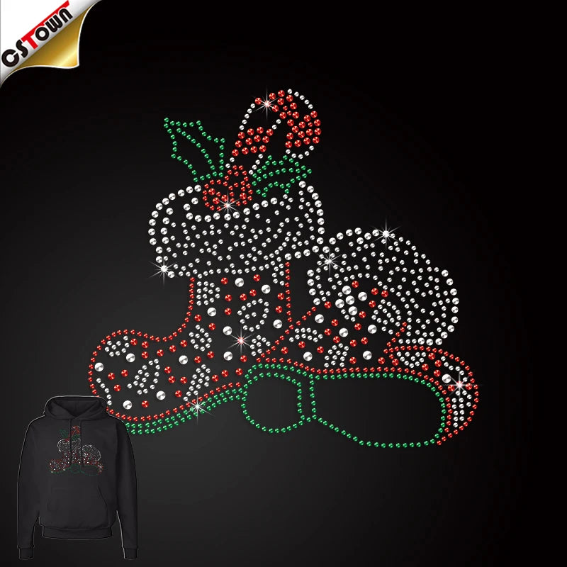 Trending Products 2024 New Arrivals Iron on Christmas Rhinestone Designs Red Christmas Boots  Rhinestone Custom Logo