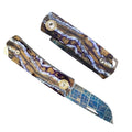 High End Fossilized Mammoth Tooth Handle Heat Baked Blueing Damascus Steel Blade Folding Knife with Leather Pouch