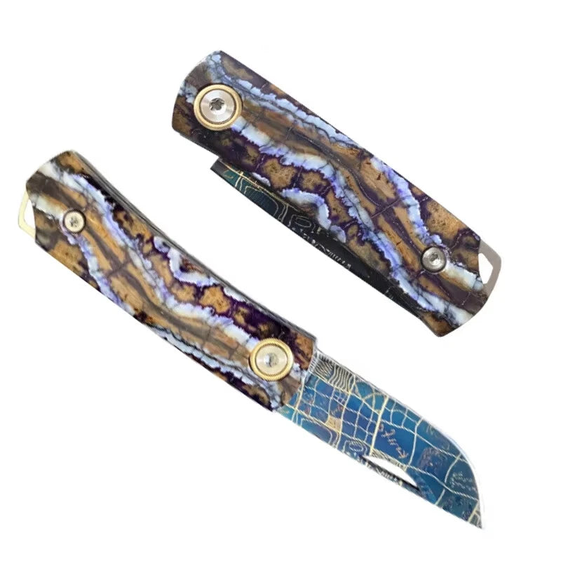 High End Fossilized Mammoth Tooth Handle Heat Baked Blueing Damascus Steel Blade Folding Knife with Leather Pouch