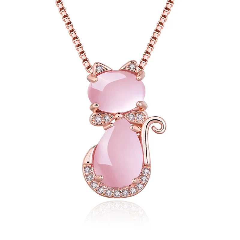 Rose Gold Chain Cute cat Necklaces for Women Cute Pink Opal Kitty Cat Pendant Necklace Lovely Quartz Romantic Wedding Jewelry