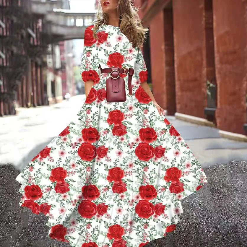 2025 Autumn & Spring New Arrival Cross-Border Dress | Printed Flared Elegant Chiffon Floral Slim-Fit Maxi Dress