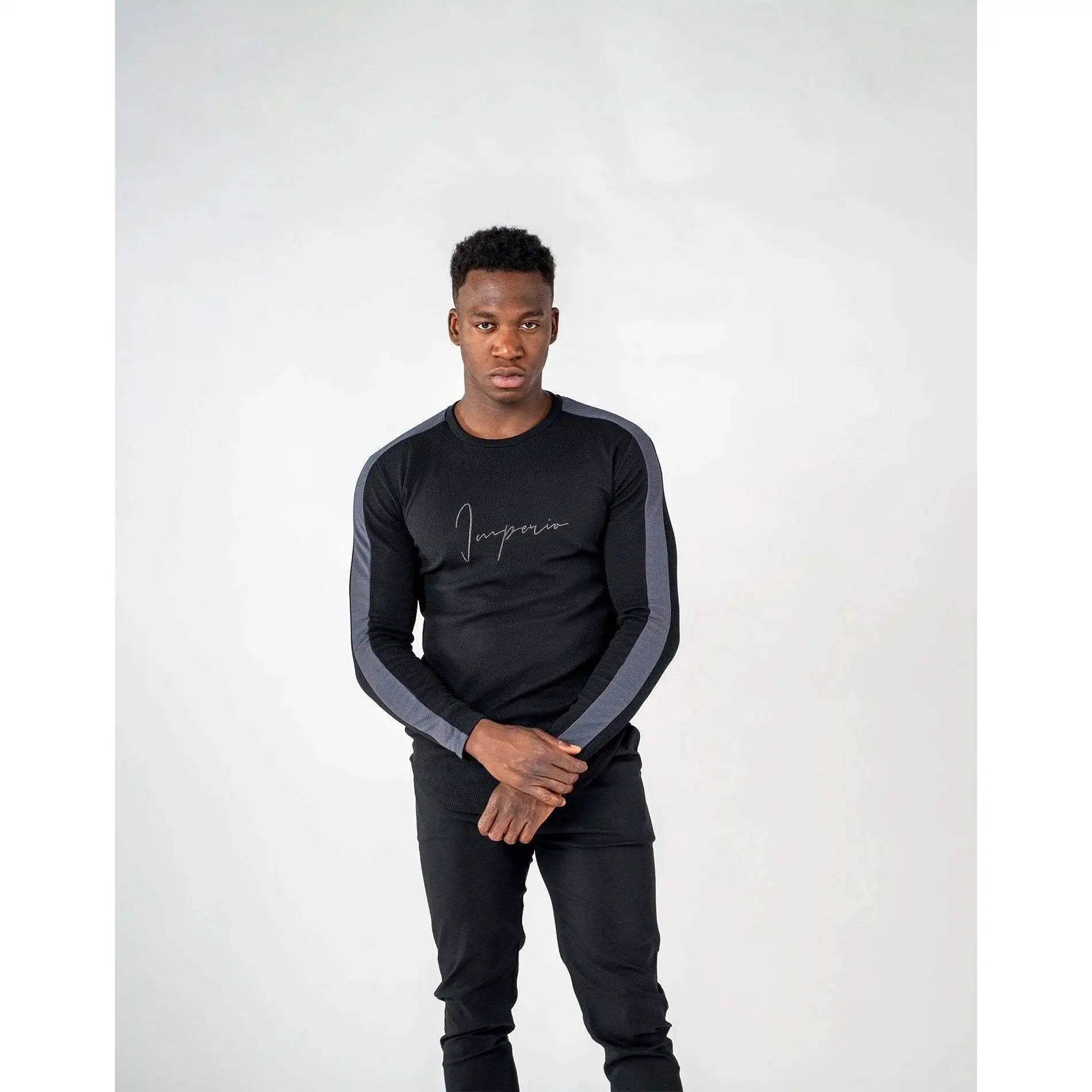 Imperio Shop Empire White Men's Casual Long-Sleeved Gymnastics T-Shirt Unique Arm Splicing Design Front Logo Breathable Regular