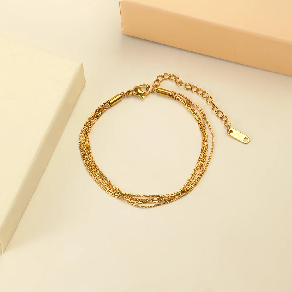 Dreamshow Multi-layered Fashion 18k Gold Plated Chain Bracelets Women Waterproof Tarnish Free Stainless Steel Jewelry
