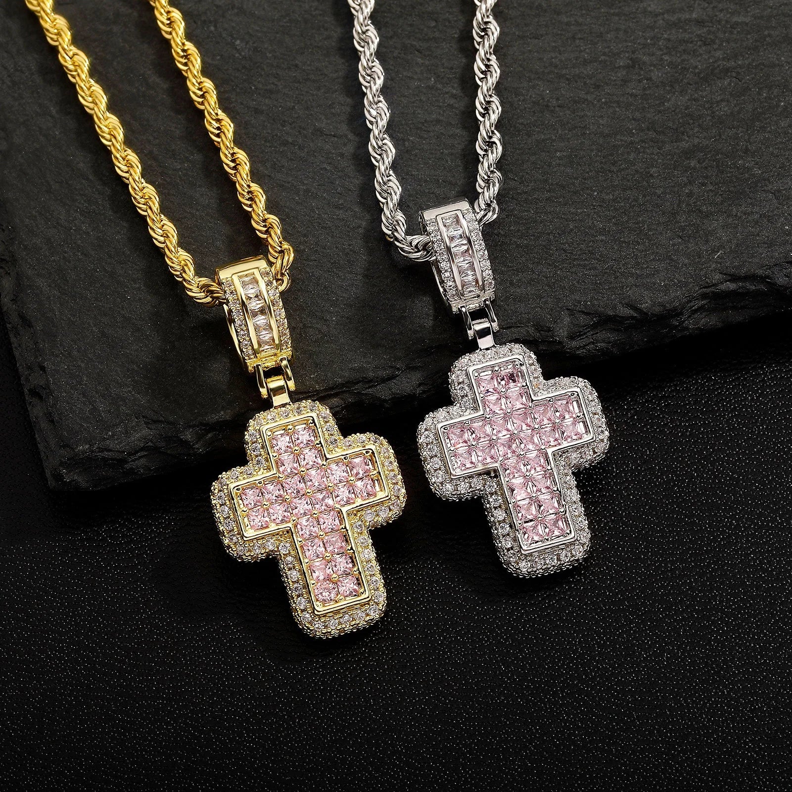 Luxury Square Pink Zircon Brass Crucifix Pendant Necklace Gold Iced Bling CZ Cute Fantasy Cross Charm for Women for Parties