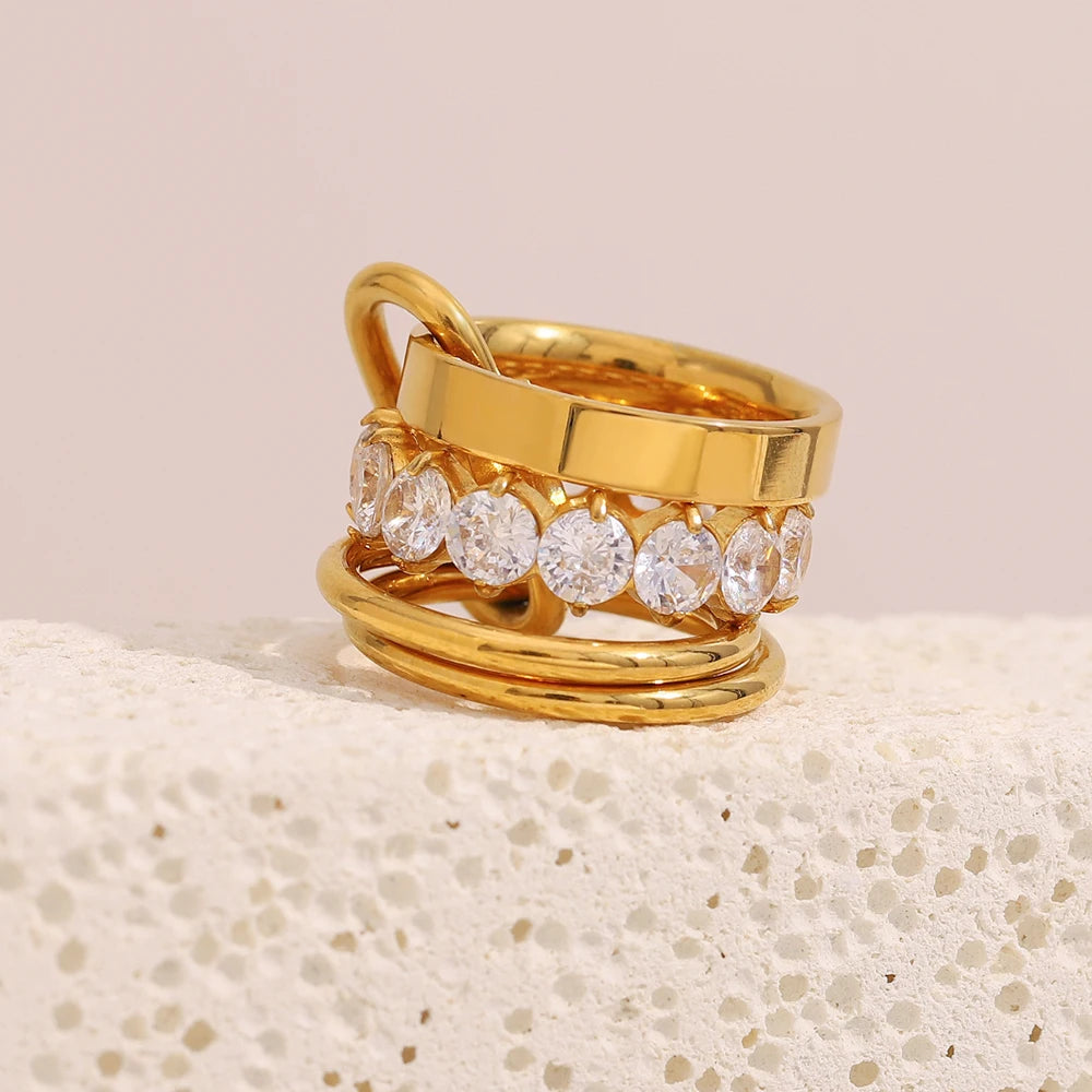 Dreamshow Multi-layered Zircon Gold Plated Ring Fashion Tarnish Free Waterproof Stainless Steel Jewelry