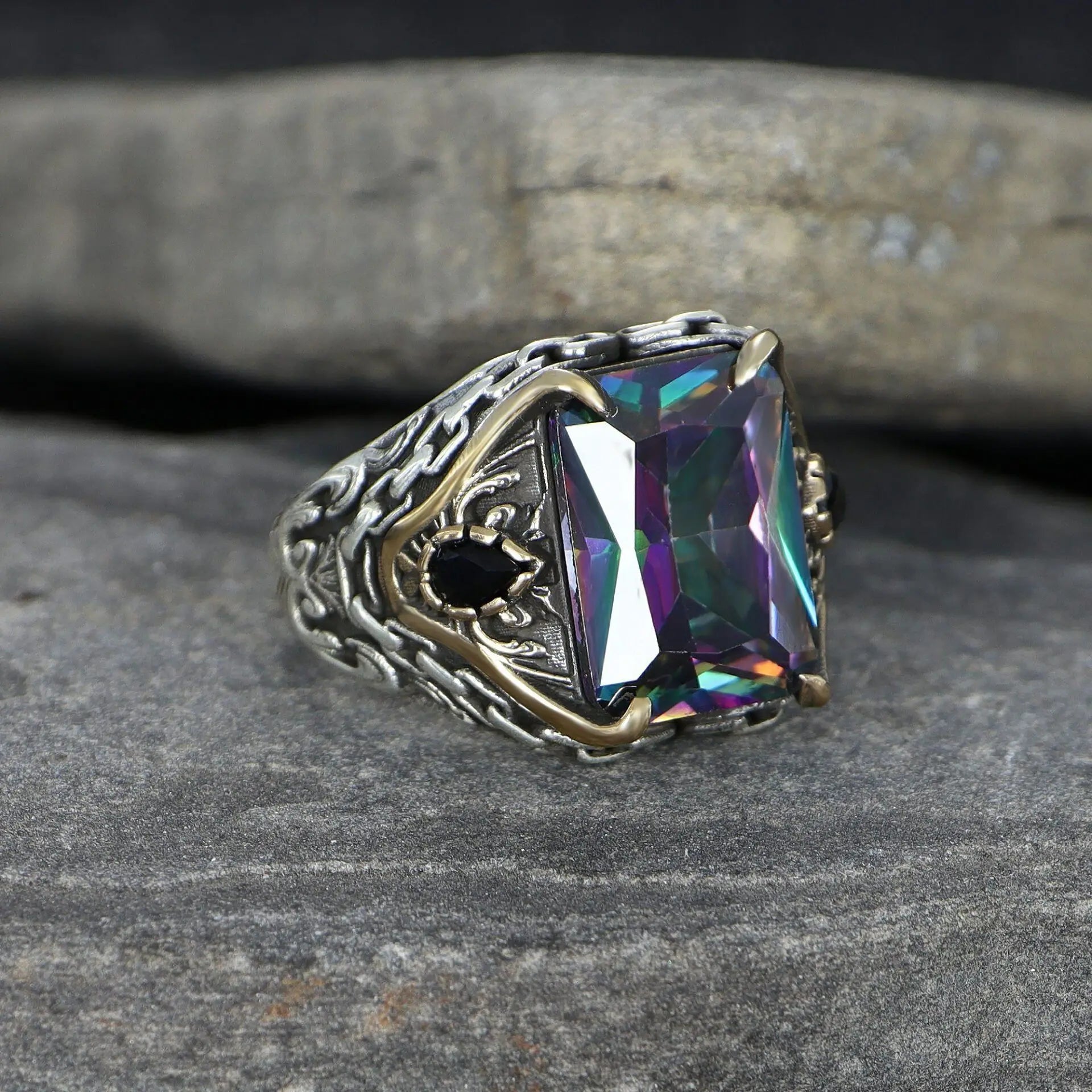 Azuris Custom Logo 925 Sterling Silver Ottoman Style Men's Ring Naturel Black Stone Handmade in Turkey VALKH1549