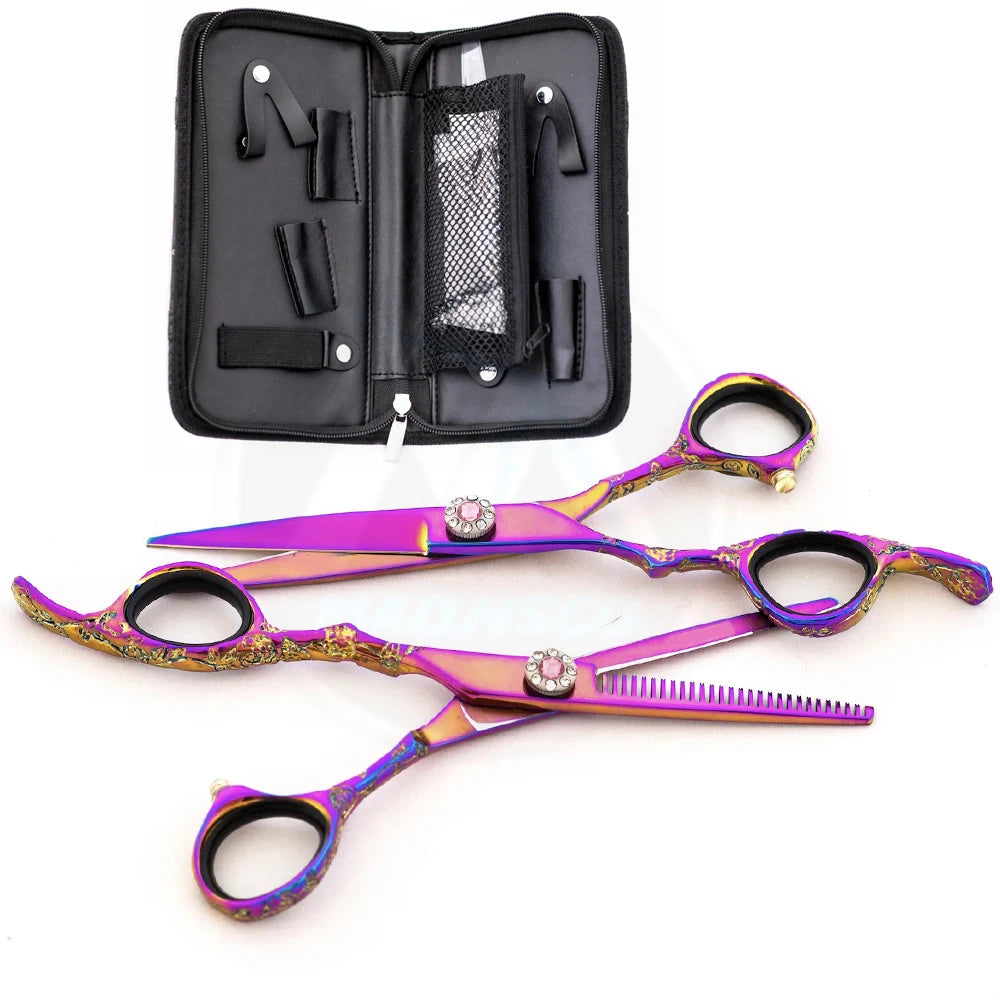 Professional Salon Stainless Steel Hair Cutting Scissors Pink Rainbow Shear Thinner Combo 2-Piece Kit