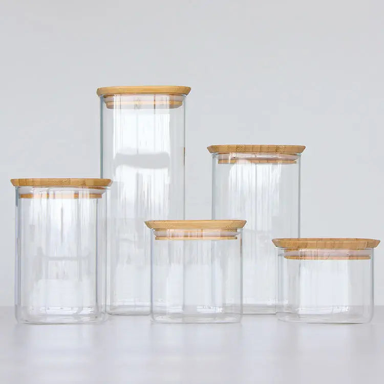 Supplier's Airtight Kitchen Food Container Round Borosilicate Glass Storage Bottles Jars Bamboo Lid Empty Cookies Other Foods