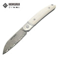 Hongrui 2026 New Design CNC Triad Stainless Steel Damascus Outdoor Folding Knife Survival Knife African Horn Handle for Camping
