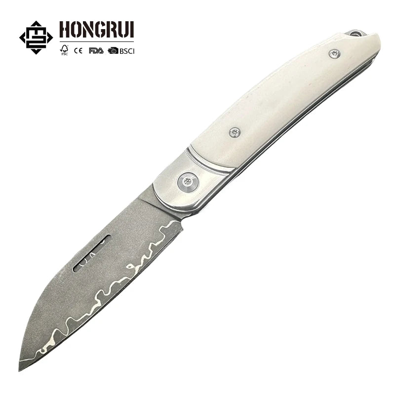 Hongrui 2026 New Design CNC Triad Stainless Steel Damascus Outdoor Folding Knife Survival Knife African Horn Handle for Camping