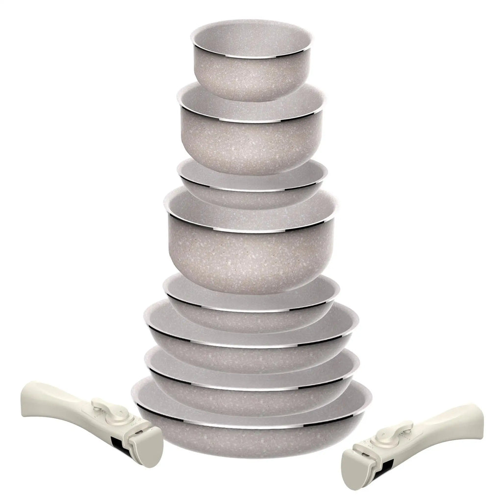 8-piece set: 5 frying pans 18+20+2x 24+28cm and 3 saucepans 16+18+20cm in pressed aluminum with ILAG coating with 3