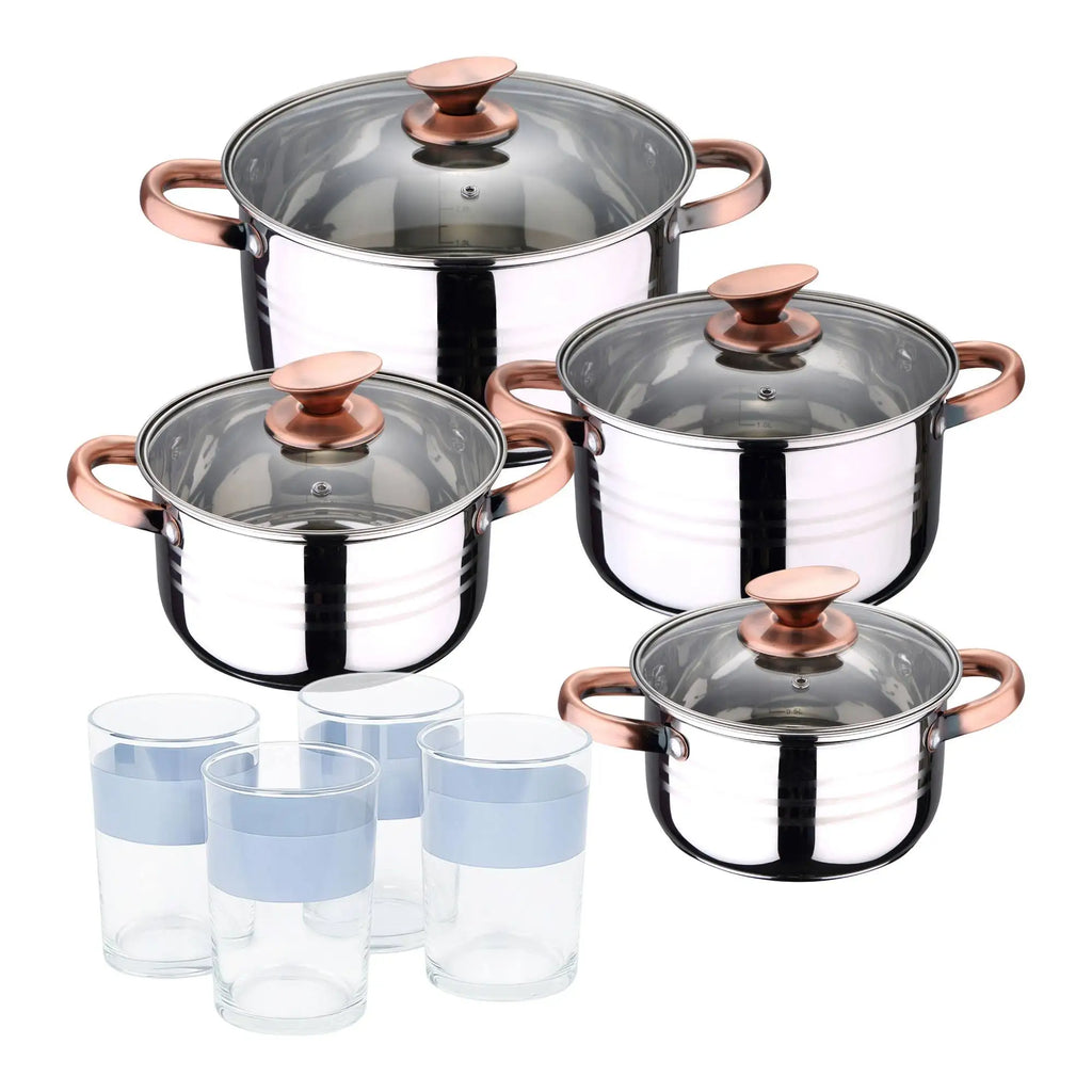 8-piece stainless steel cookware set suitable for induction hobs San Ignacio Premium Collection + Set of 4 x 0.5L glasses