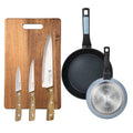 Set of 2 frying pans 2026cm pressed aluminum blue + 3 stainless steel knives + 40x25cm cutting board NOIA San Ignacio