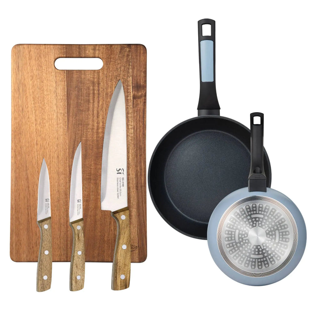 Set of 2 frying pans 2026cm pressed aluminum blue + 3 stainless steel knives + 40x25cm cutting board NOIA San Ignacio