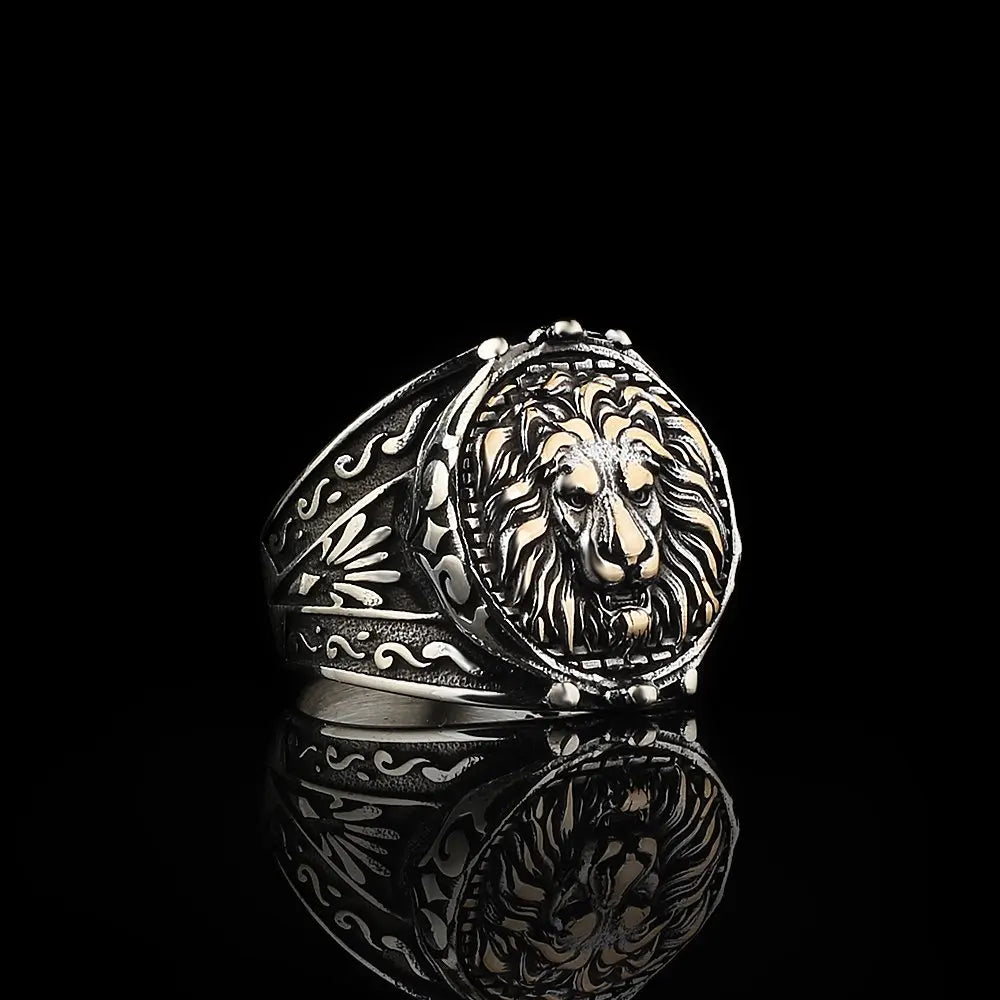 Azuris 925 Sterling Silver Men's Ottoman Style Relief Art Lion Bow-Knot Heart Zircon Prong Set Ring Rhodium Plated Wedding Party