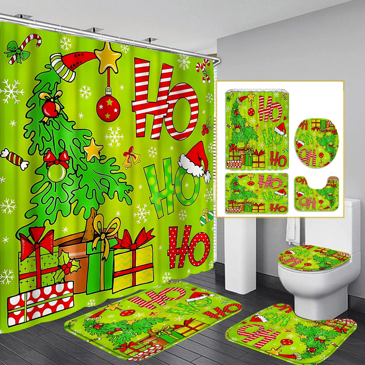 Modern Green Christmas Tree Shower Curtain Set with 12 Hooks Polyester Home Partition Curtains Housewarming Gift