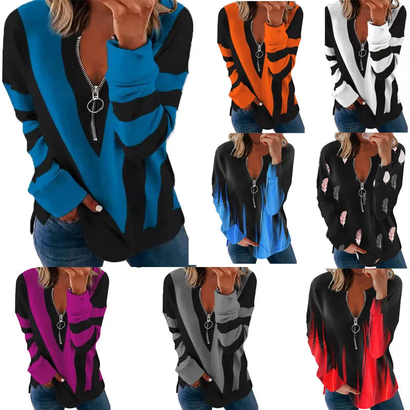 2025 Autumn Bestselling Women's Casual V-neck Zip-up Knitted Front Logo Breathable Long-sleeve Sweatshirts