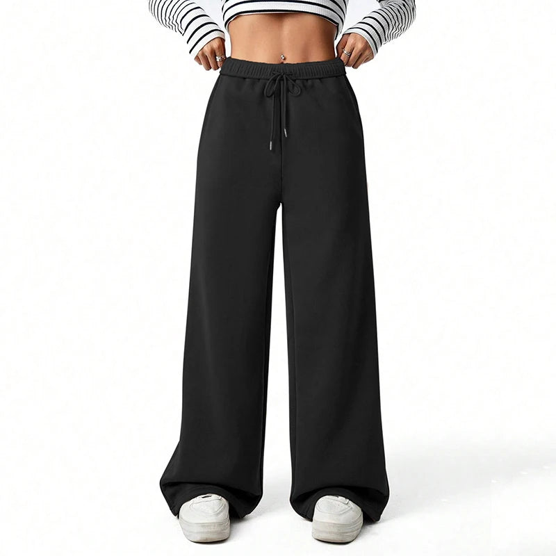 Custom High-Waisted Flat Front Wide Leg Streetwear Sweatpants Women Winter Gym Workout Long Pants Windproof Eco-Friendly Heavy