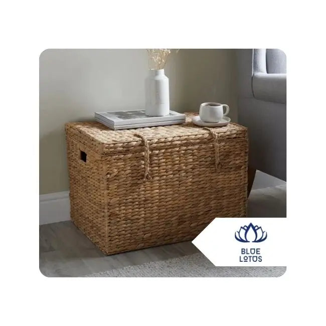 Decorative Handwoven Water Hyacinth Box for Storage with Lid and Handles Blue Lotus Vietnam