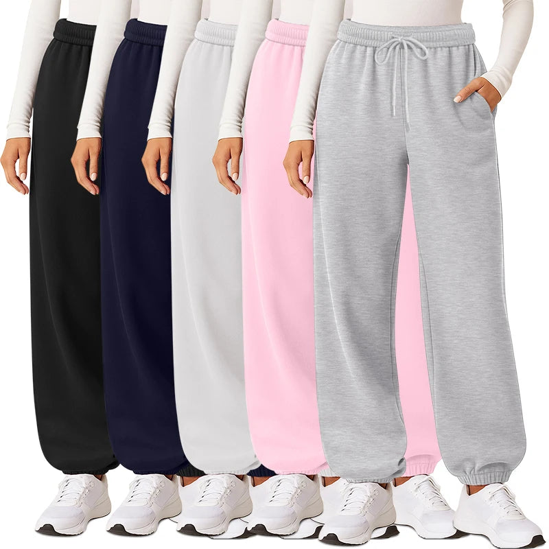 Women's High Waisted Flat Front Wide Leg Ankle-Length Eco-Friendly Fleece Sporty Breathable Warm Solid Color Winter Sweatpants