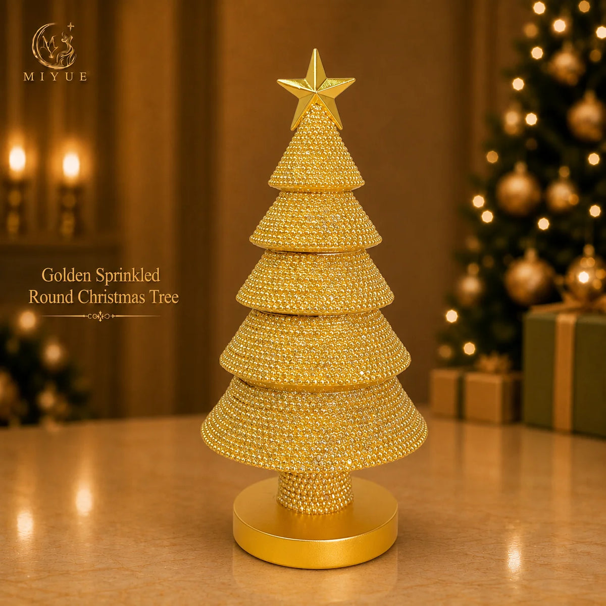 Golden Dot Bead Tiered Christmas Tree Resin Statue Model Star White Base Christmas Tabletop Luxury Home Decor Gift MegaBDM
