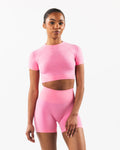 2024 Spring Women's Print Active Stretch Cut-out Full Length Crew Neck Rib Fabric Half Sleeve Zipper Shorts Jumpsuit